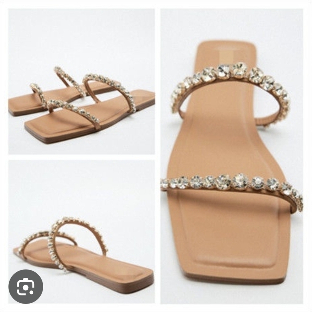 Zara Rhinestone Embellished Tan Sandals Summer Shoes